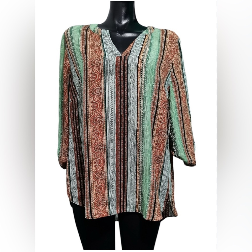 Cato Chiffon Blouse tunic Women’s Sz XS Multicolor 3/4 Sleeve Paisley V-Neck